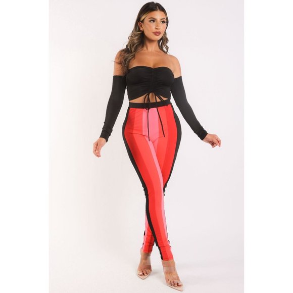 Women's Casual Color Blocked Leggings And Matching Off Shoulder Top Outfit Set - Picture 12 of 12